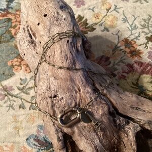 Antique Brass Paperclip Link Chain Necklace w/ Eiffel Tower & Disk Charms 16”